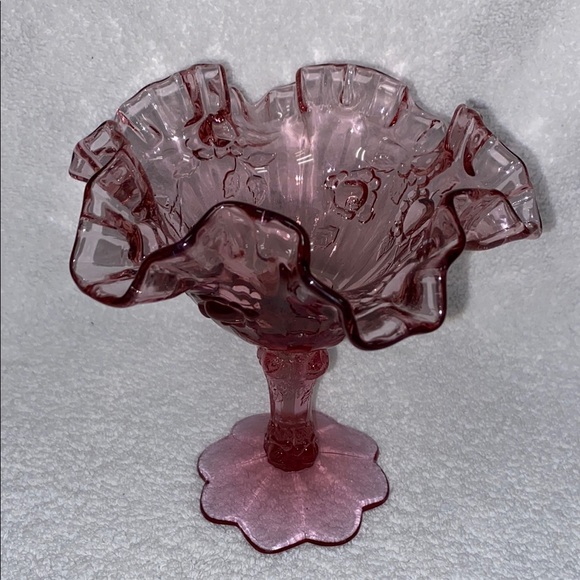 Vintage Fenton Art Glass Cabbage Rose Pink Ruffled Pedestal Compote Candy Dish - Picture 1 of 9